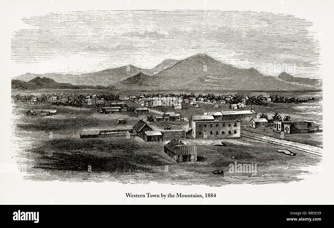 Western Town by the Mountains, Early American Engraving, 1884 Stock Photo