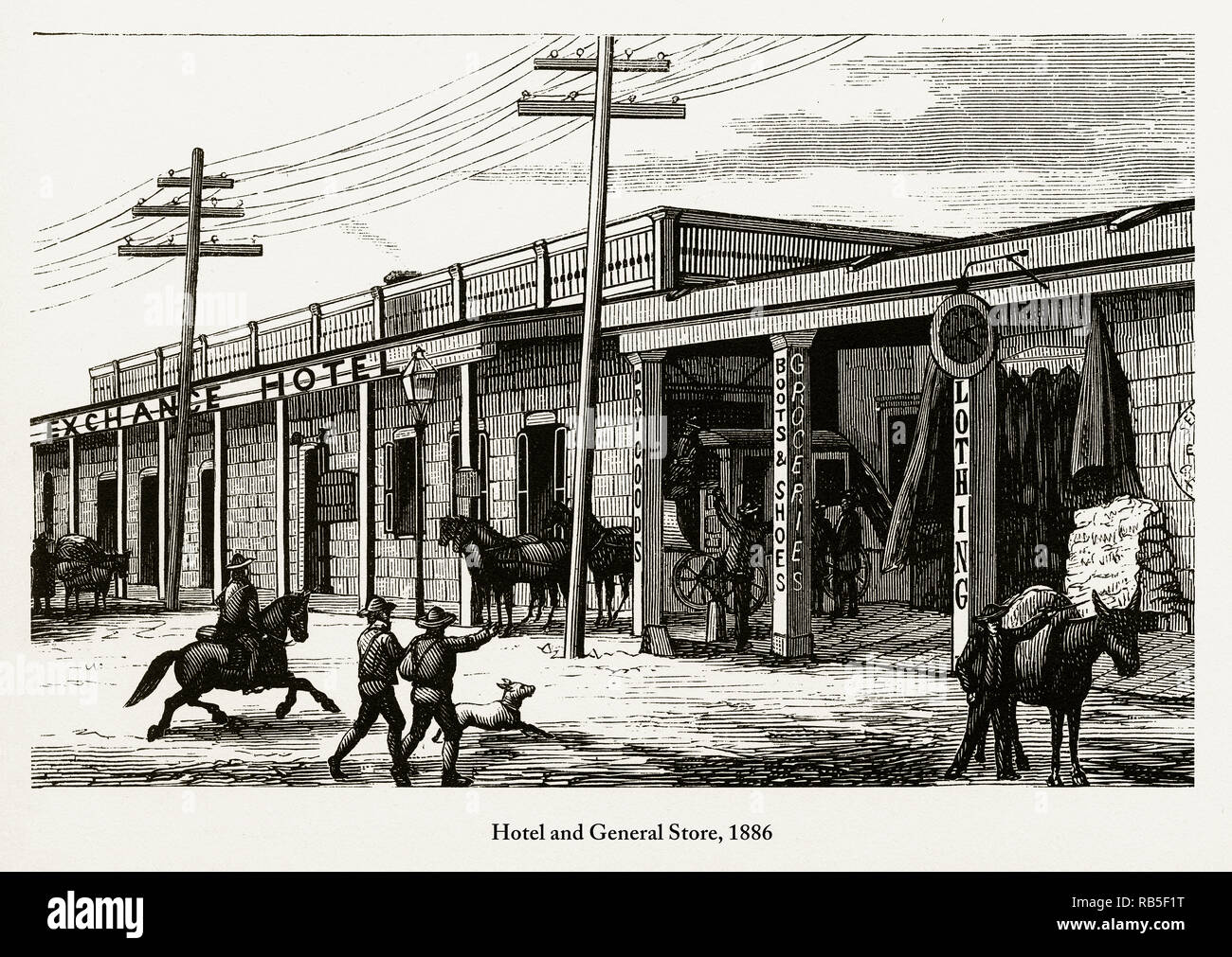 Hotel and General Store, Early American Engraving, 1886 Stock Photo