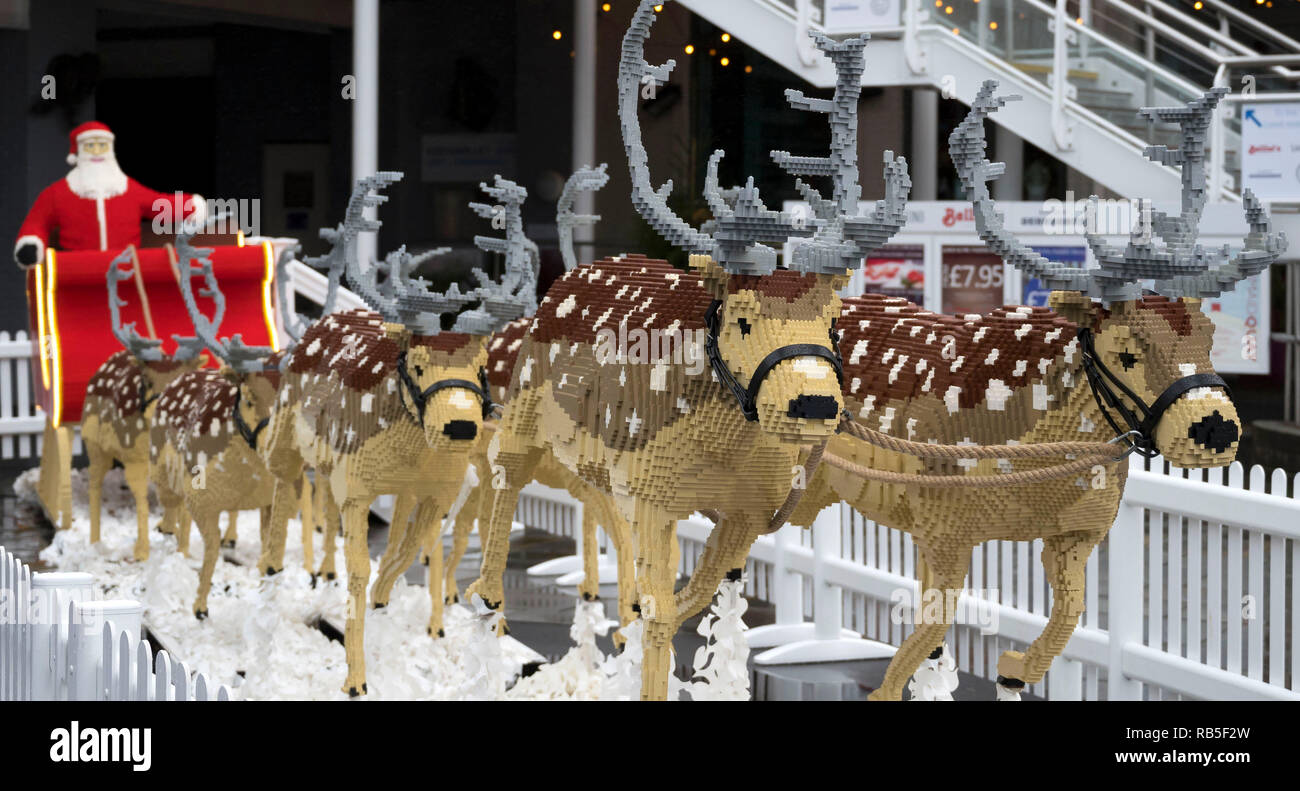 A LEGO Santa and reindeer at Mermaid Quay, Cardiff Bay, Wales, UK. Stock Photo