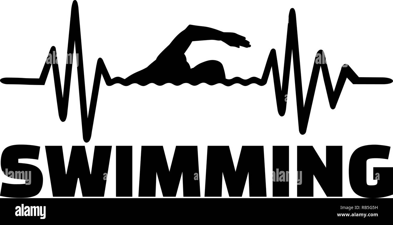 Heartbeat pulse line with swimmer using front crawl swimming technique and word Stock Vector