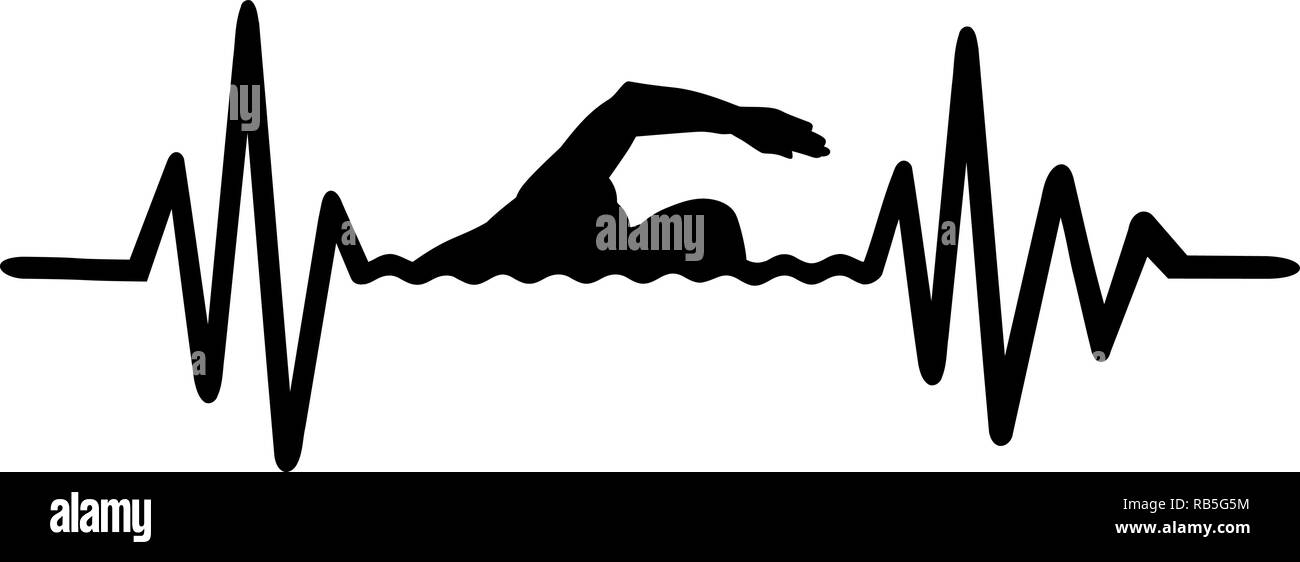 Heartbeat pulse line with swimmer using front crawl swimming technique and german word Stock Vector