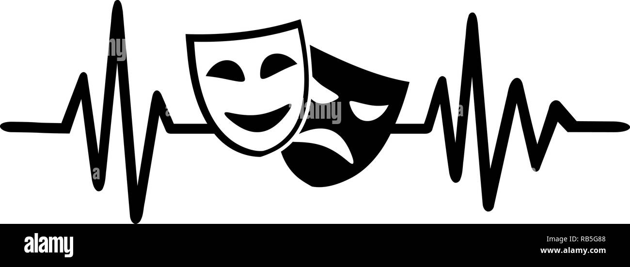 Heartbeat pulse line theater with black and white masks Stock Vector