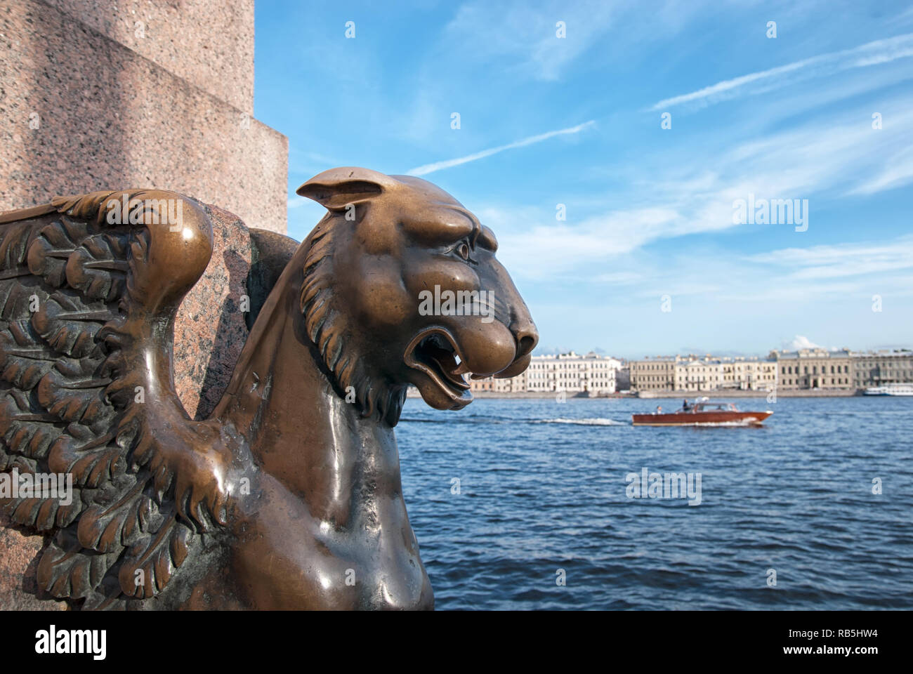 SAINT-PETERSBURG, RUSSIA – AUGUST 27, 2018: Bronze Griffin on The Universitetskaya Embankment near The Neva River Stock Photo