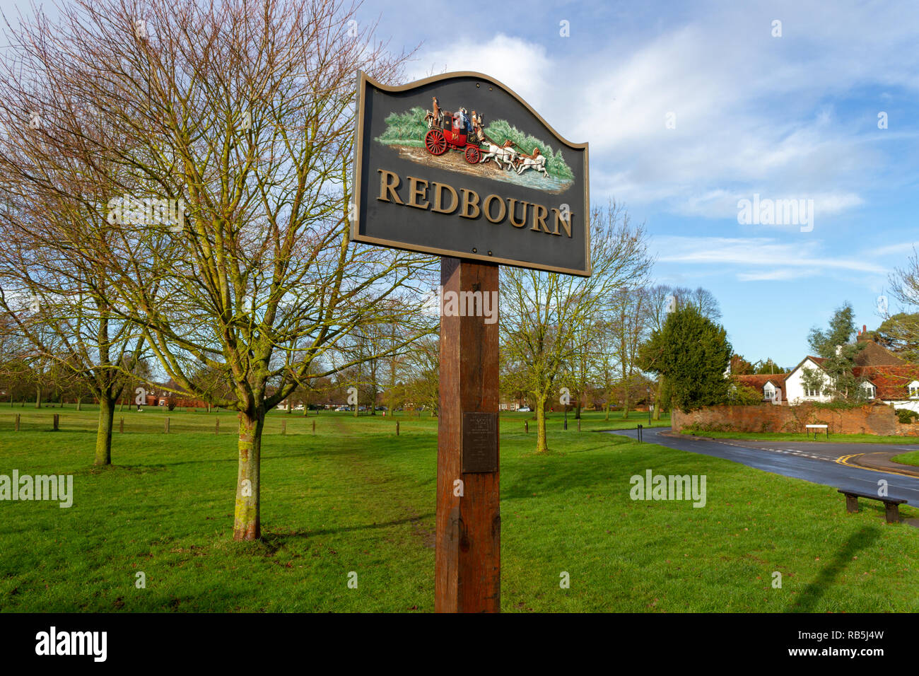 Redbourn village sign overlooking Redbourn common, Hertfordshire