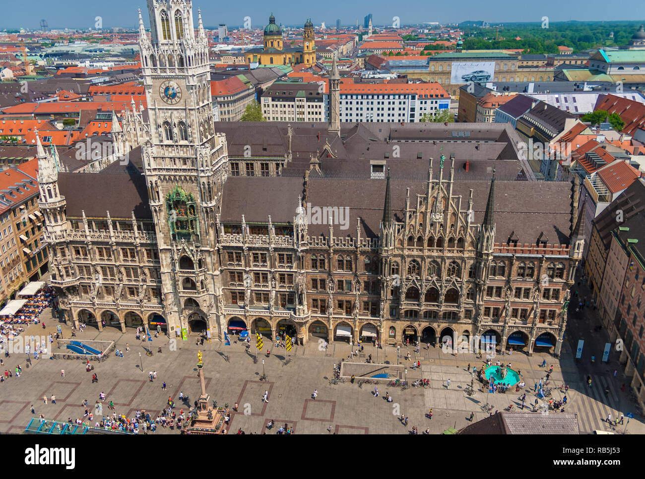 Great aerial view of Munich's New Town Hall (Neues Rathaus) and Mary's Square (Marienplatz), the popular pedestrian zone with the Marian column... Stock Photo