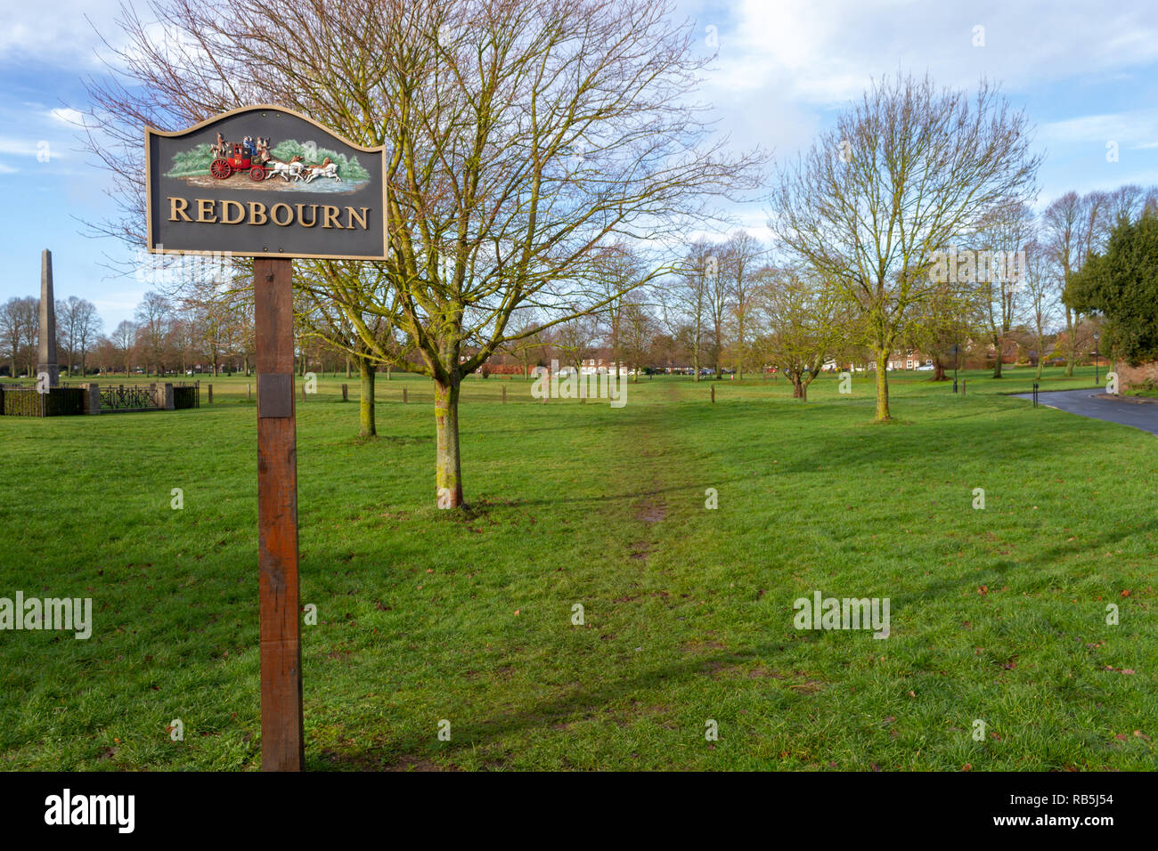 Redbourn village sign overlooking Redbourn common, Hertfordshire