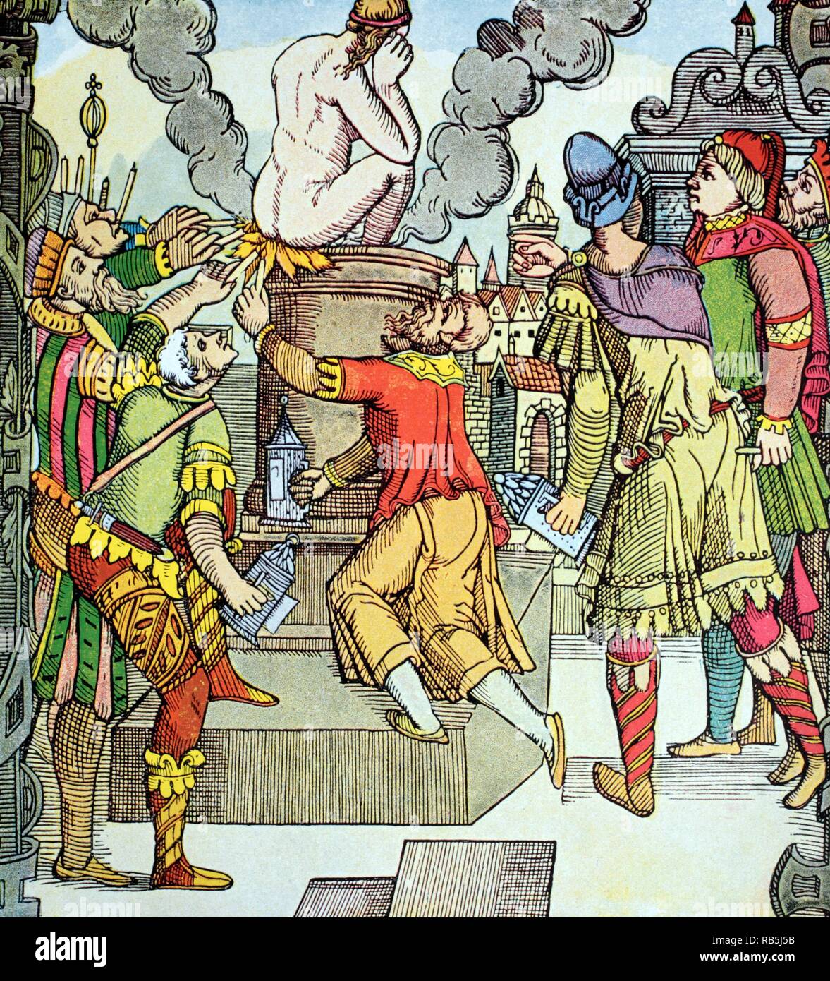Virgil's Revenge, woodcut from the 16th century by Virgil Solis, also known as Virgil Solis Stock Photo