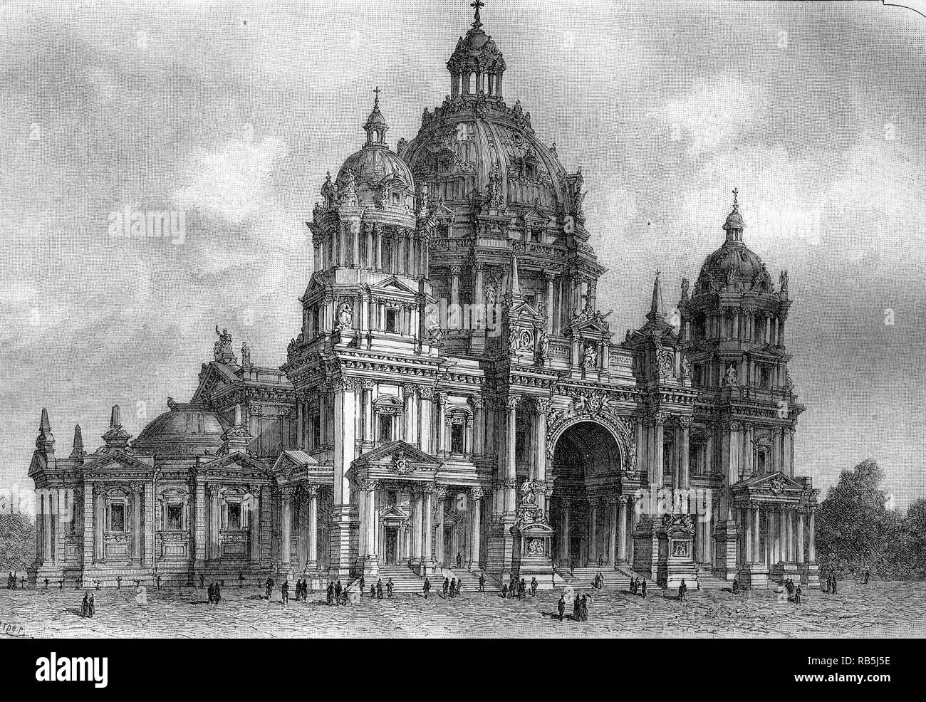 New building of Berliner Dom, Berlin Cathedral, after a blueprint by Julius Raschdorff, historical wood engraving, 1890 Stock Photo