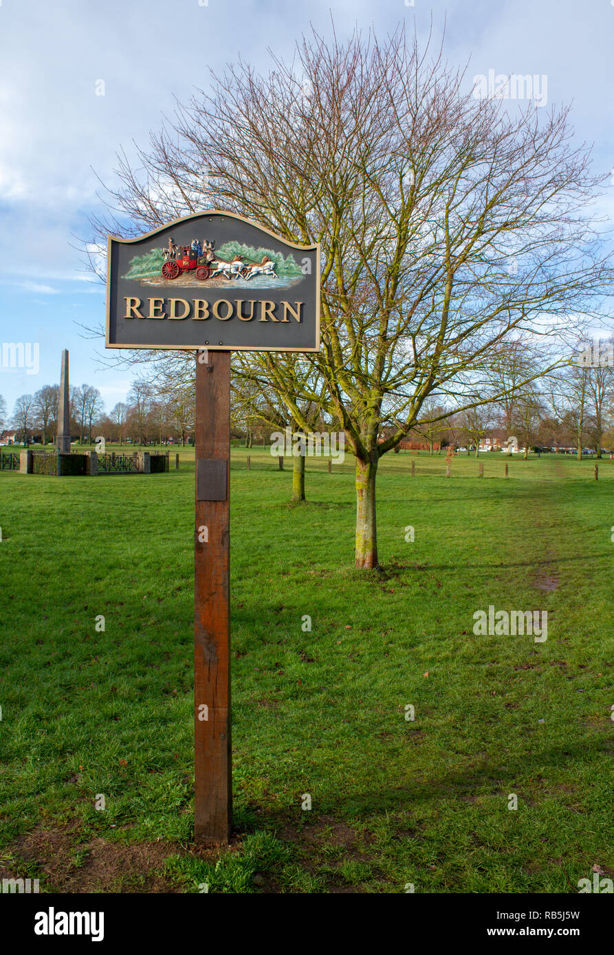 Redbourn village sign overlooking Redbourn common, Hertfordshire