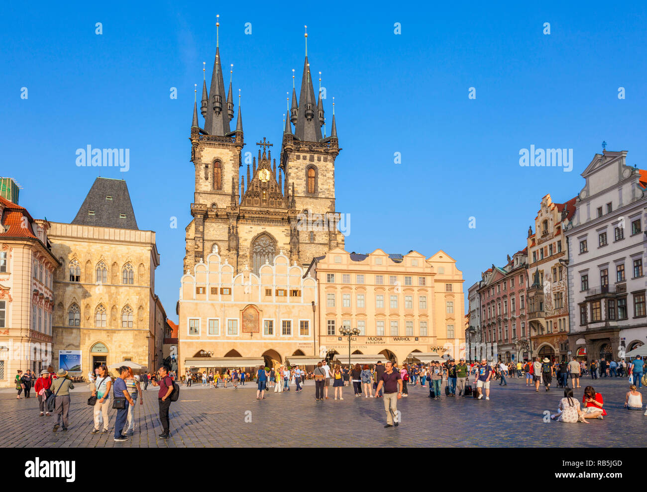 Prague Tyn church Front view of The Church of Our Lady Before Tyn in the Old Town Square Staromestske Namesti Staré Město Prague Czech Republic Europe Stock Photo