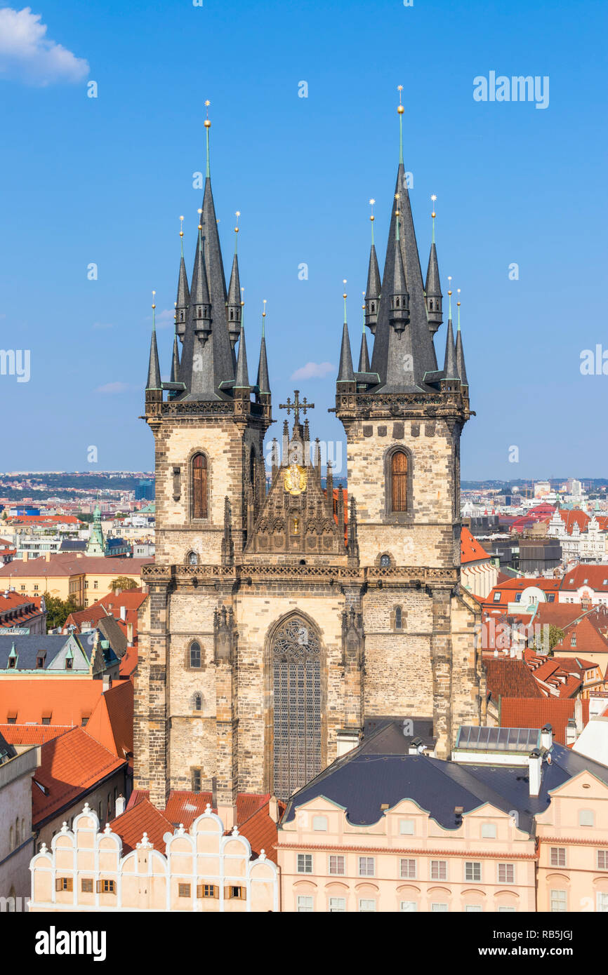 Prague Tyn church Front view of The Church of Our Lady Before Tyn in the Old Town Square Staromestske Namesti Staré Město Prague Czech Republic Europe Stock Photo