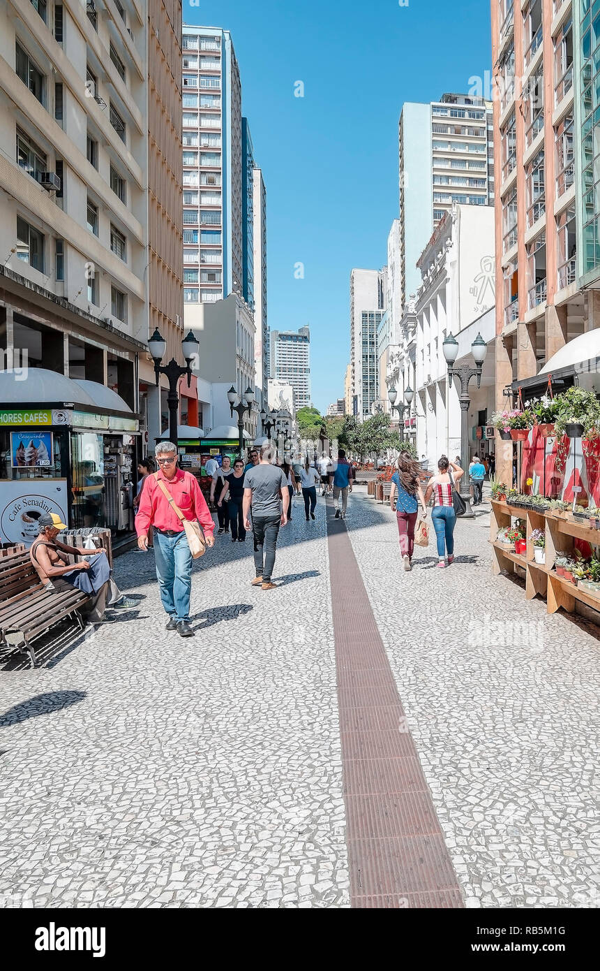 Curitiba - PR, Brazil - December 14, 2018: Downtown street XV de Novembro. Rua das Flores. Touristic place. Commerce, shops, local people. Stock Photo