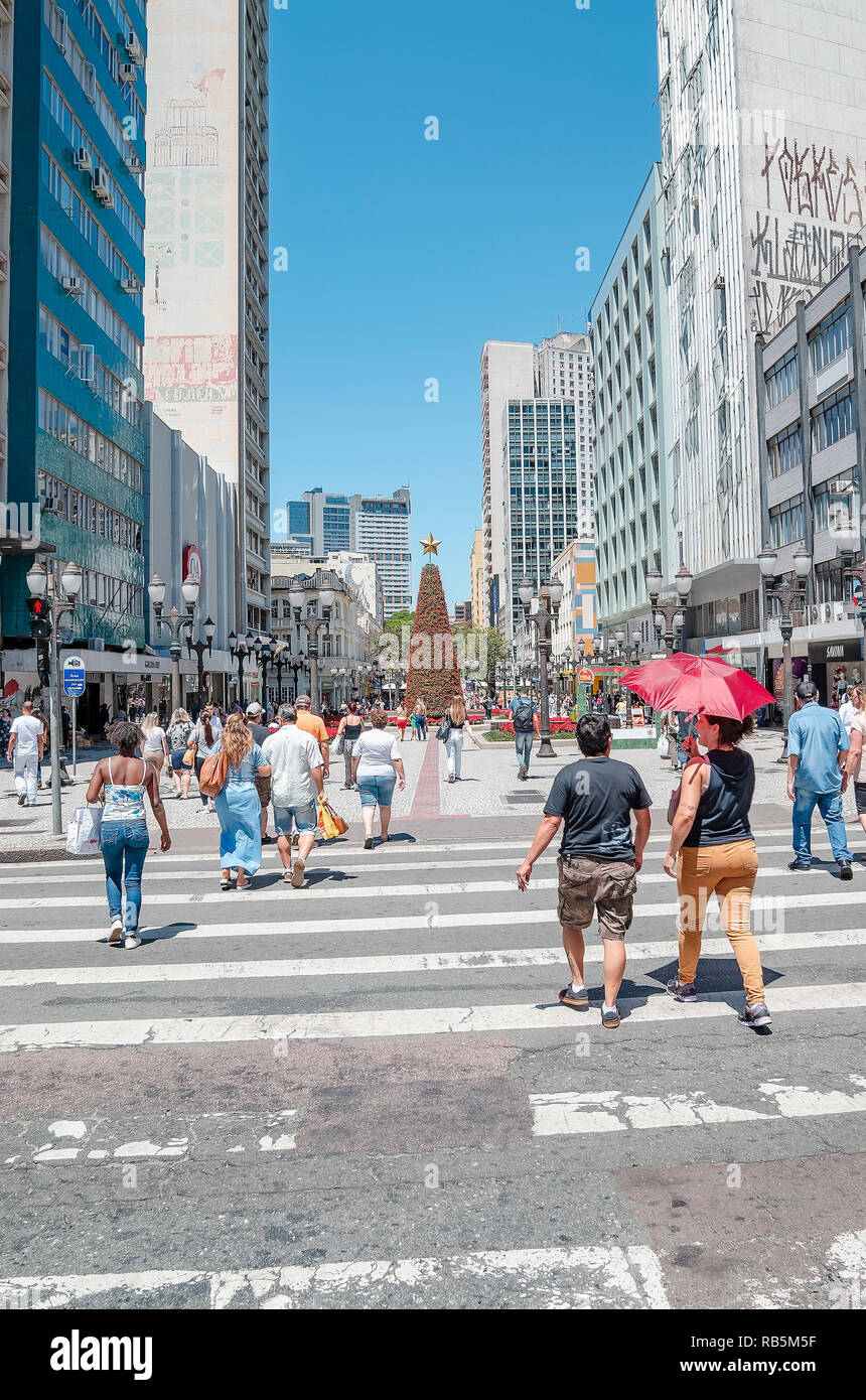 Curitiba - PR, Brazil - December 14, 2018: Downtown cross streets XV de Novembro and Marechal Floriano Peixoto. Rua das Flores. Touristic place. Comme Stock Photo