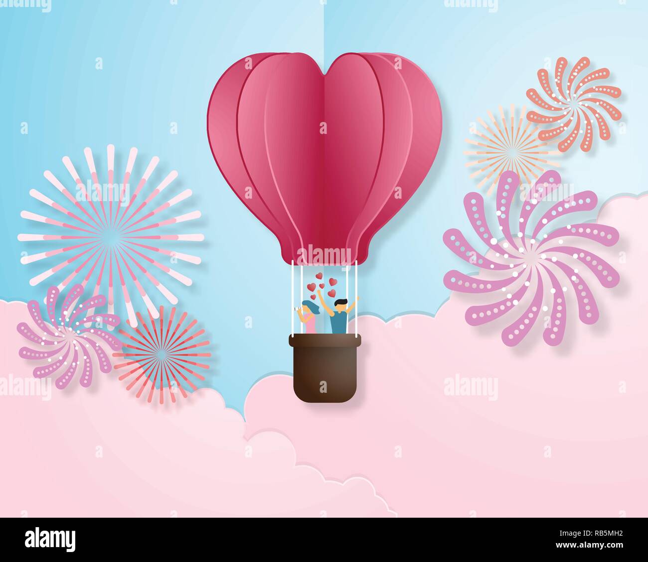 Creative love invitation card Valentine's day vector illustration paper cut style background. Love couple in origami heart shape hot air balloon flyin Stock Vector