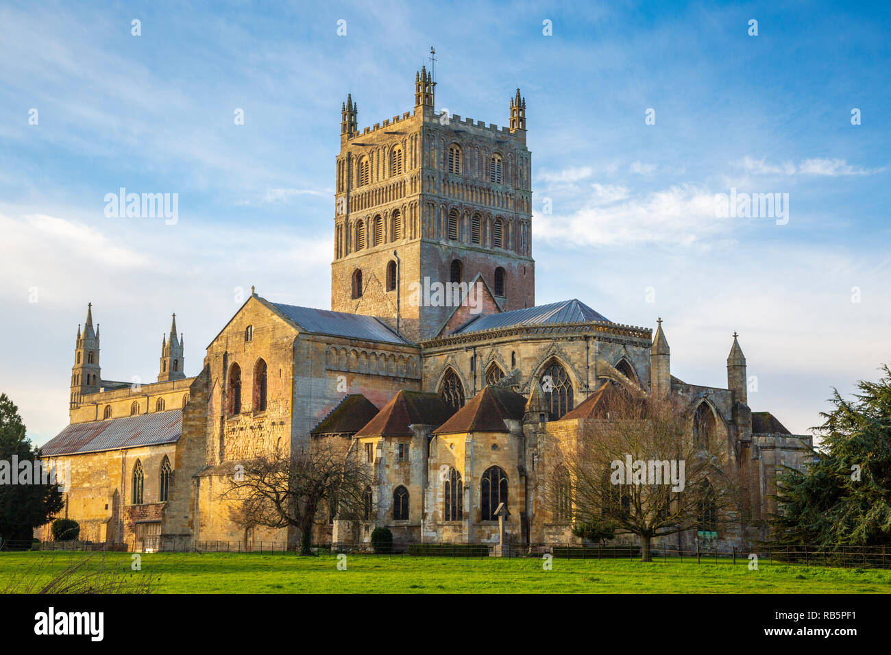 A late afternoon view of Tewkesbury Abbey from the south east, Tewkesbury, Gloucestershire, England Stock Photo