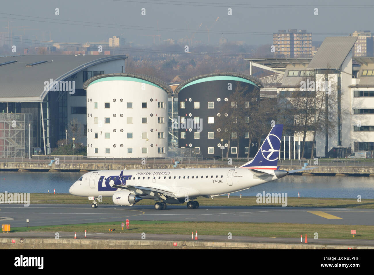 LOT Airlines plane doing crew training at London City Airport Stock Photo