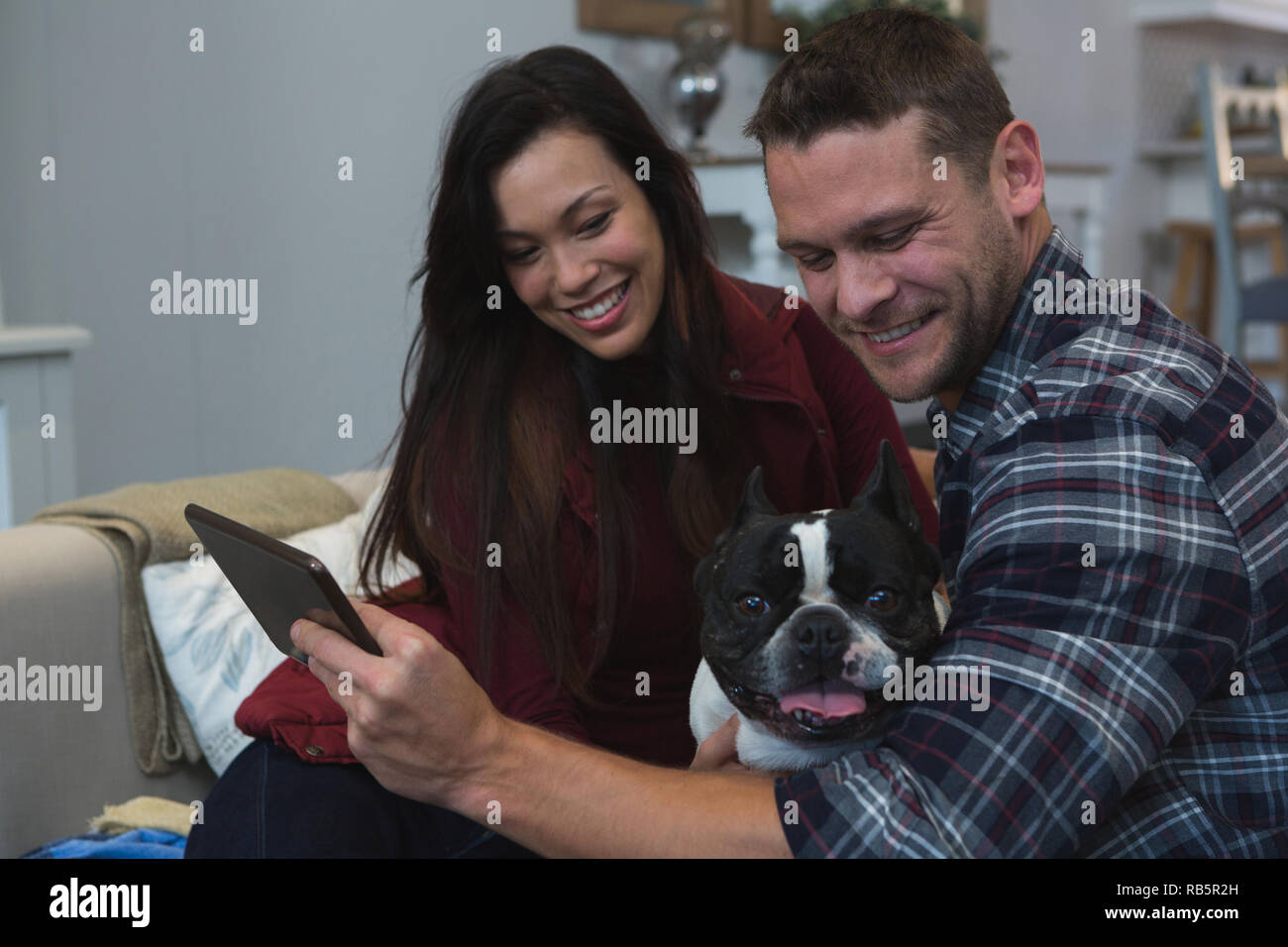 Couple using digital tablet with their pet dog in living room Stock Photo
