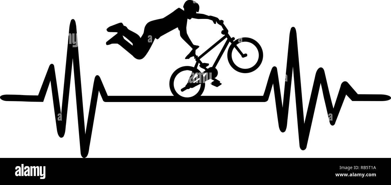 Heartbeat pulse line with BMX stuntman and word Stock Photo