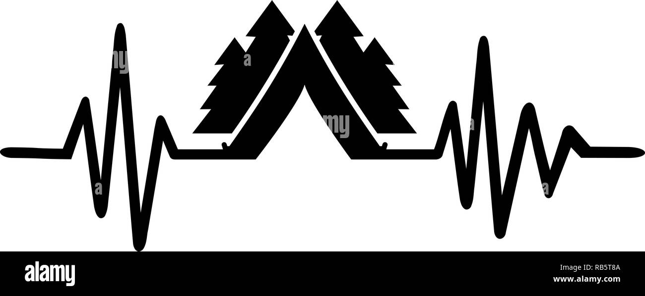 Heartbeat pulse line with camping word, tent and forest Stock Photo