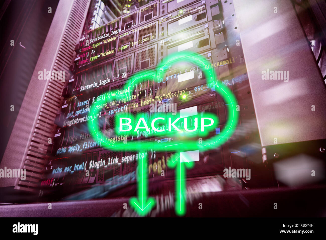 Backup button on modern server room background. Data loss prevention ...
