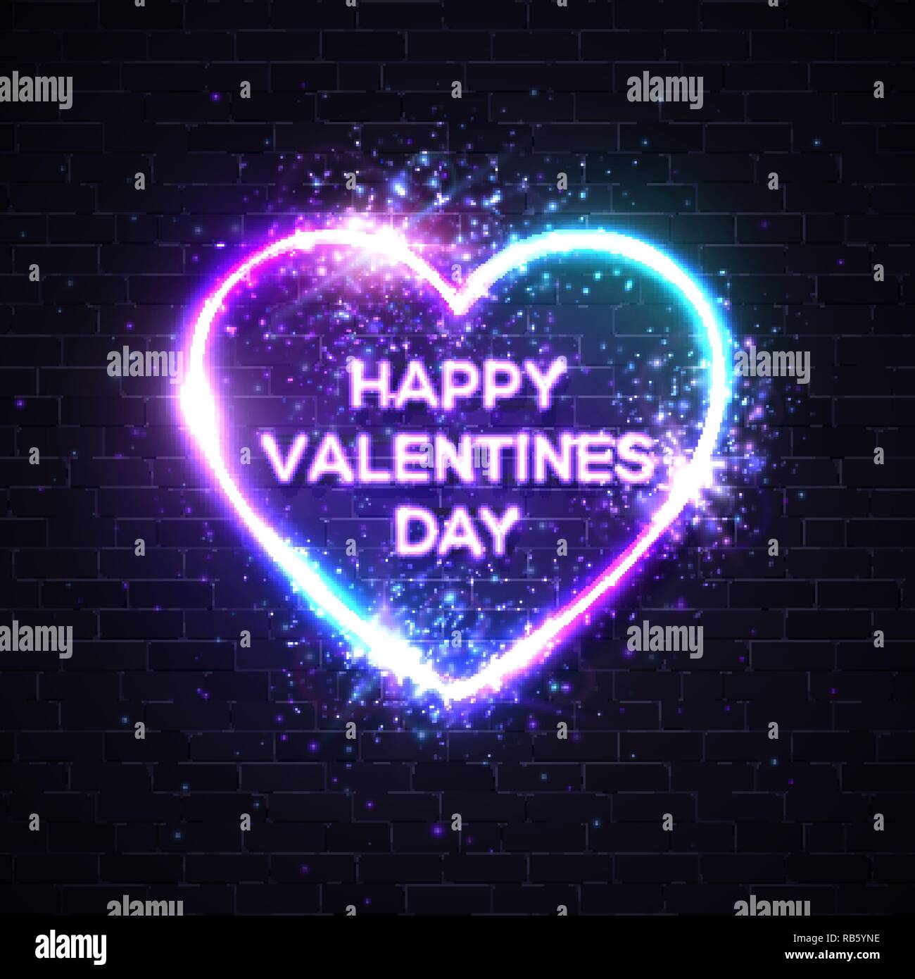 Happy Valentine`s Day background with neon text. Glowing heart shape ...