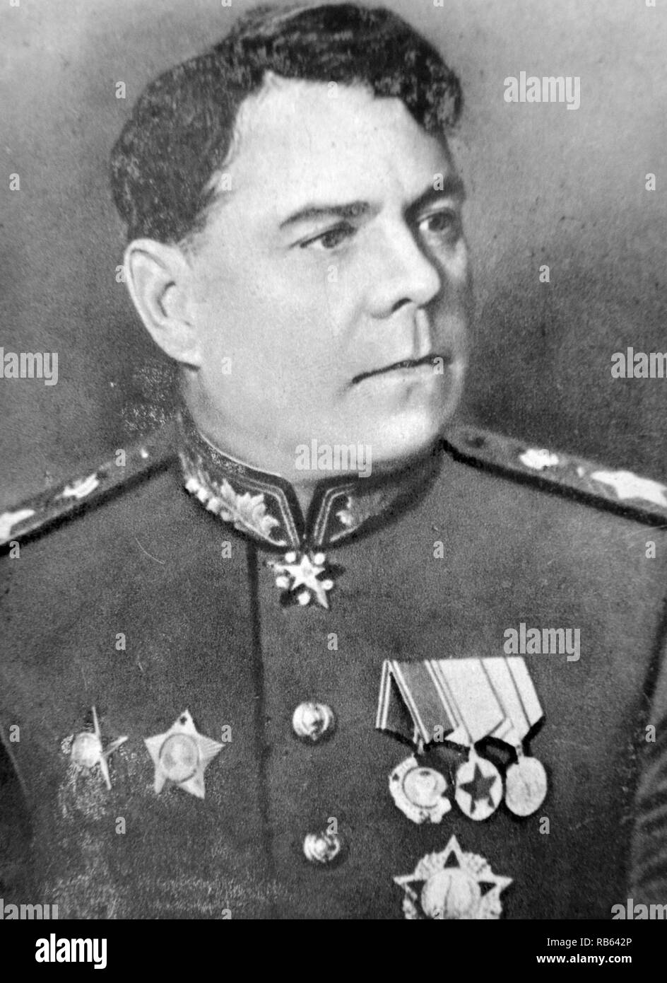Aleksandr Mikhailovich Vasilevsky (1895 - 1977) was a Russian career officer in the Red Army who was promoted to the rank of Marshal of the Soviet Union in 1943. He was the Chief of the General Staff of the Soviet Armed Forces and Deputy Minister of Defense during World War II, as well as Minister of Defense from 1949 to 1953. As the Chief of the General Staff, Vasilevsky was responsible for planning and coordinating almost all decisive Soviet offensives in World War II, from the Stalingrad counteroffensive to the assault on East Prussia and Konigsberg. Stock Photo