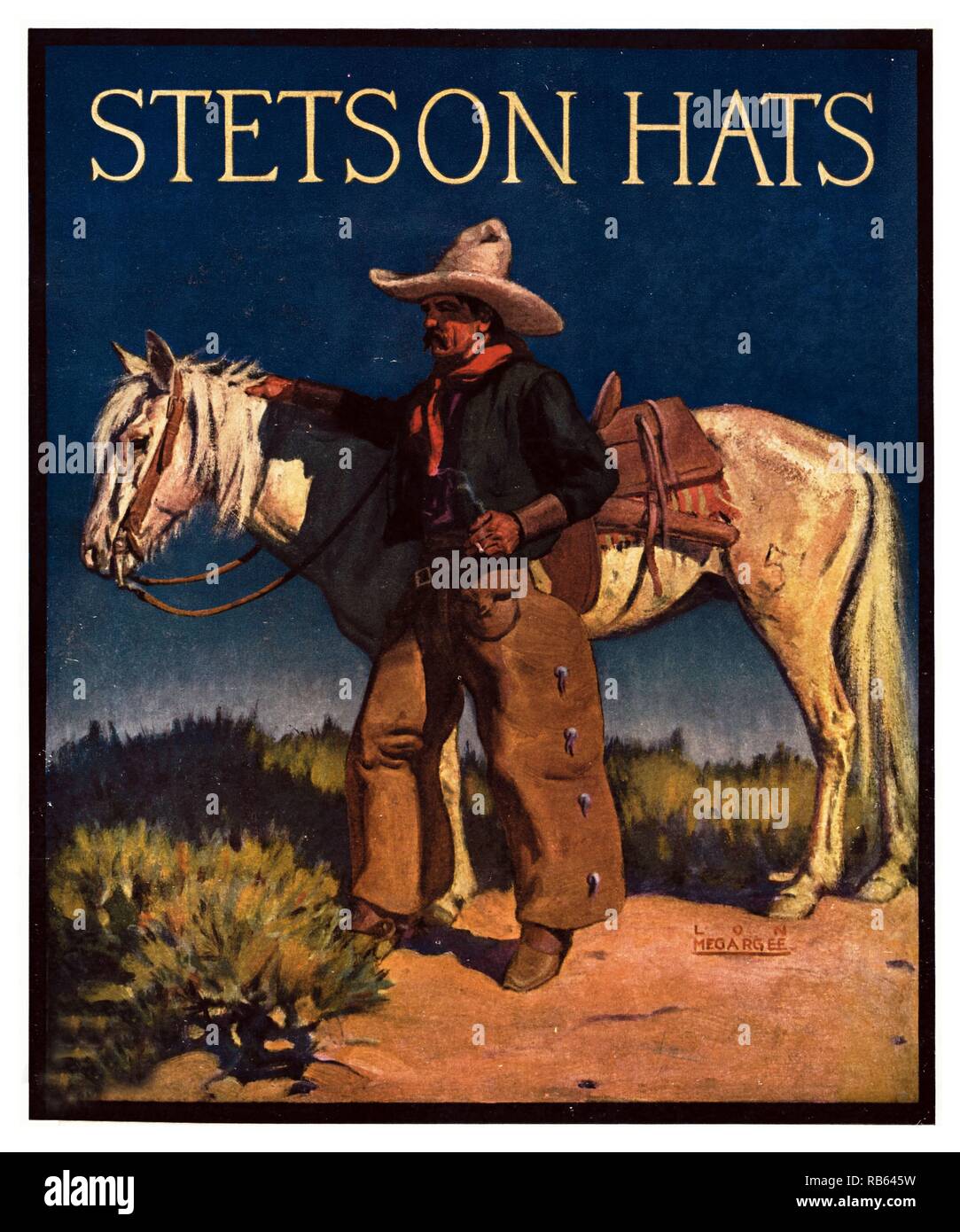 Stetson Hats, best known in the world. Company started in 1865 by John B Stetson. Poster images like this cowboy with his horse supported the Myth of the West, and reflected the values readers of Western novels and viewers of Western movies came to expect. Stock Photo