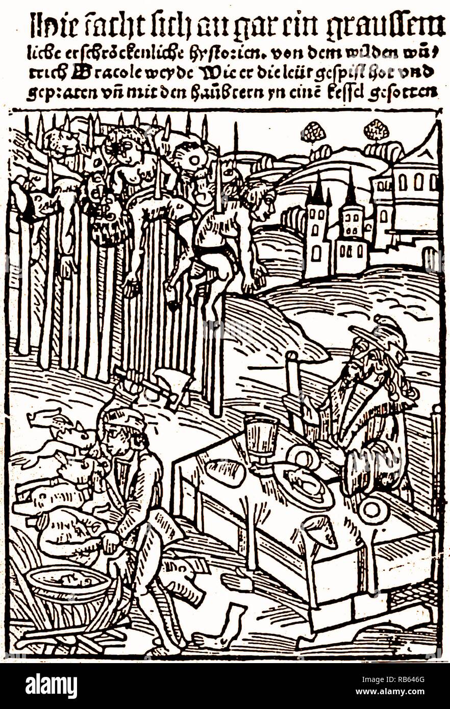 Woodcut of Vlad III, c. 1560, reputedly a copy of an original made during his lifetime. Vlad Prince of Wallachia (1431-1476/77), was a member of the House of Dr?cule?ti. He was also known by his patronymic name: Dracula. He was posthumously dubbed Vlad the Impaler due to his practice of impaling his enemies is part of his historical reputation. Stock Photo
