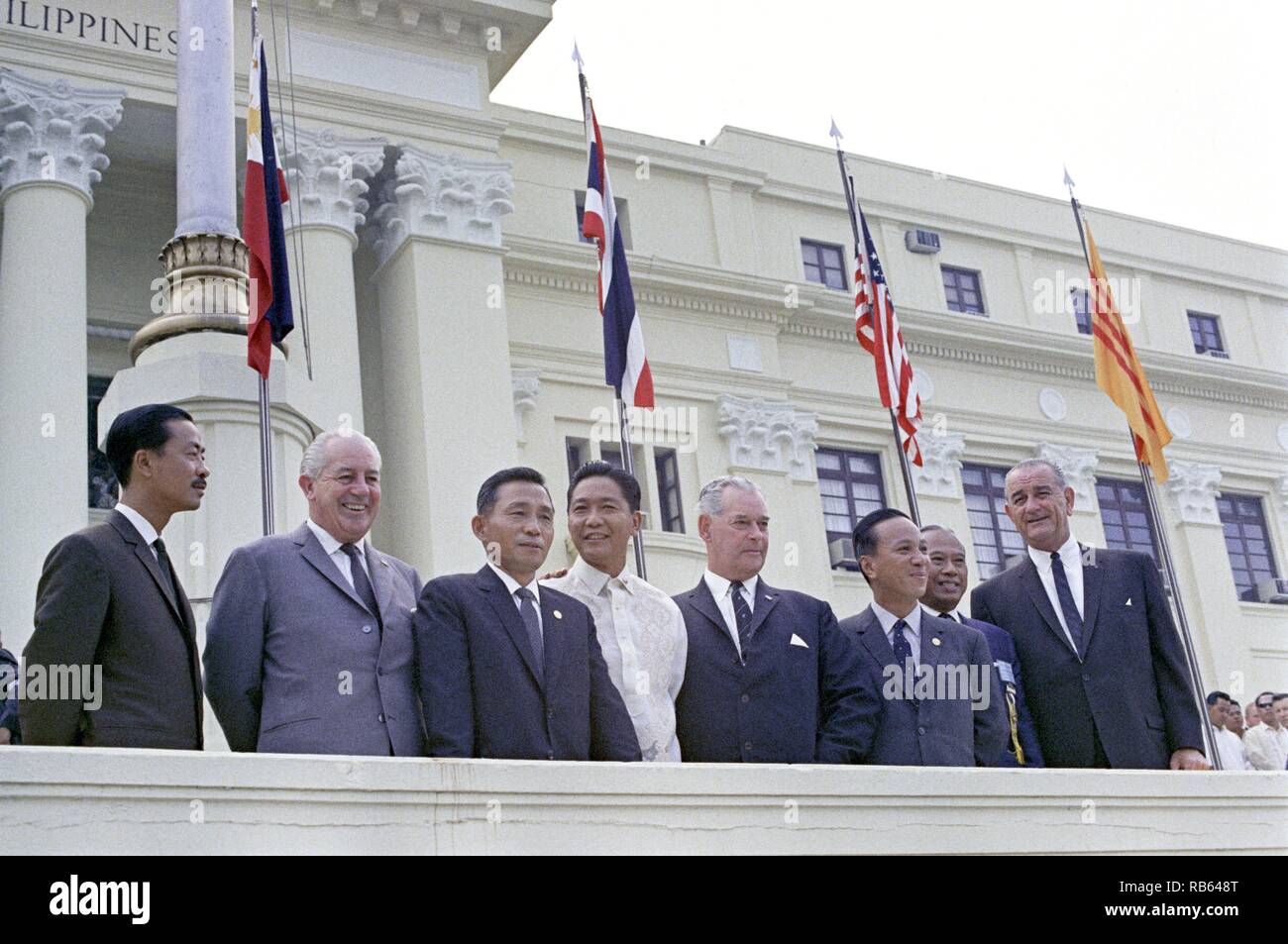 President Park Chung-hee (third left) at the 1966 SEATO convention in the Philippines. Also present were left to right: Vice president Ky (South Vietnam) Ferdinand Marcos (Philippines (White shirt), General Westmoorland and President Thieau (South Vietnam). At the right is US President Lyndon Johnson. Stock Photo