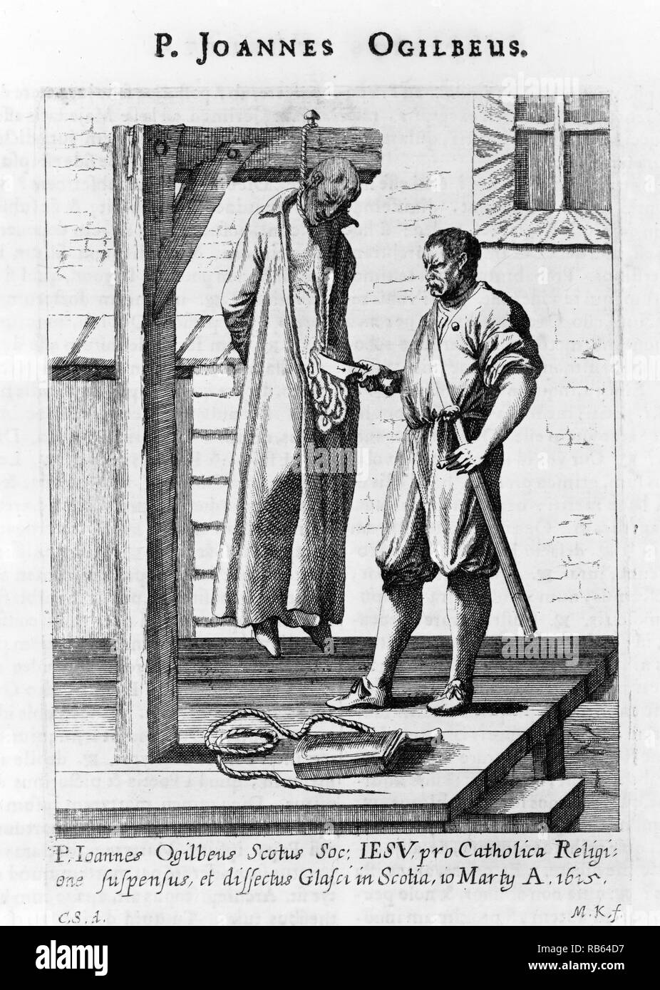 Illustration depicting John Ogilvie hanging from the gallows while the executioner cuts open his abdomen with a large knife. Dated 1675 Stock Photo