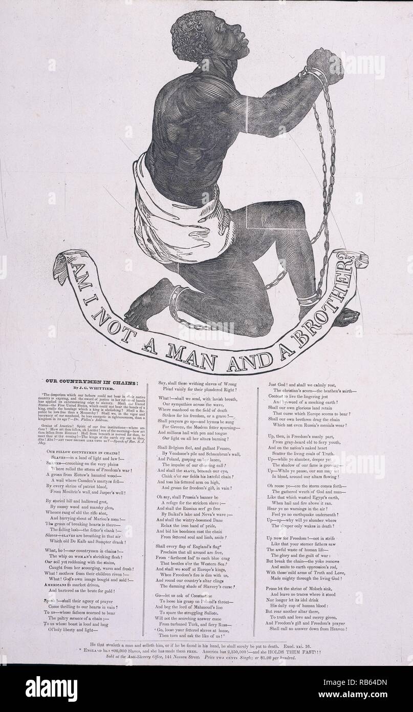 The large, bold woodcut image of a supplicant male slave in chains appears on the 1837 broadside publication of John Greenleaf Whittier's antislavery poem, 'Our Countrymen in Chains.' The design was originally adopted as the seal of the Society for the Abolition of Slavery in England. Stock Photo