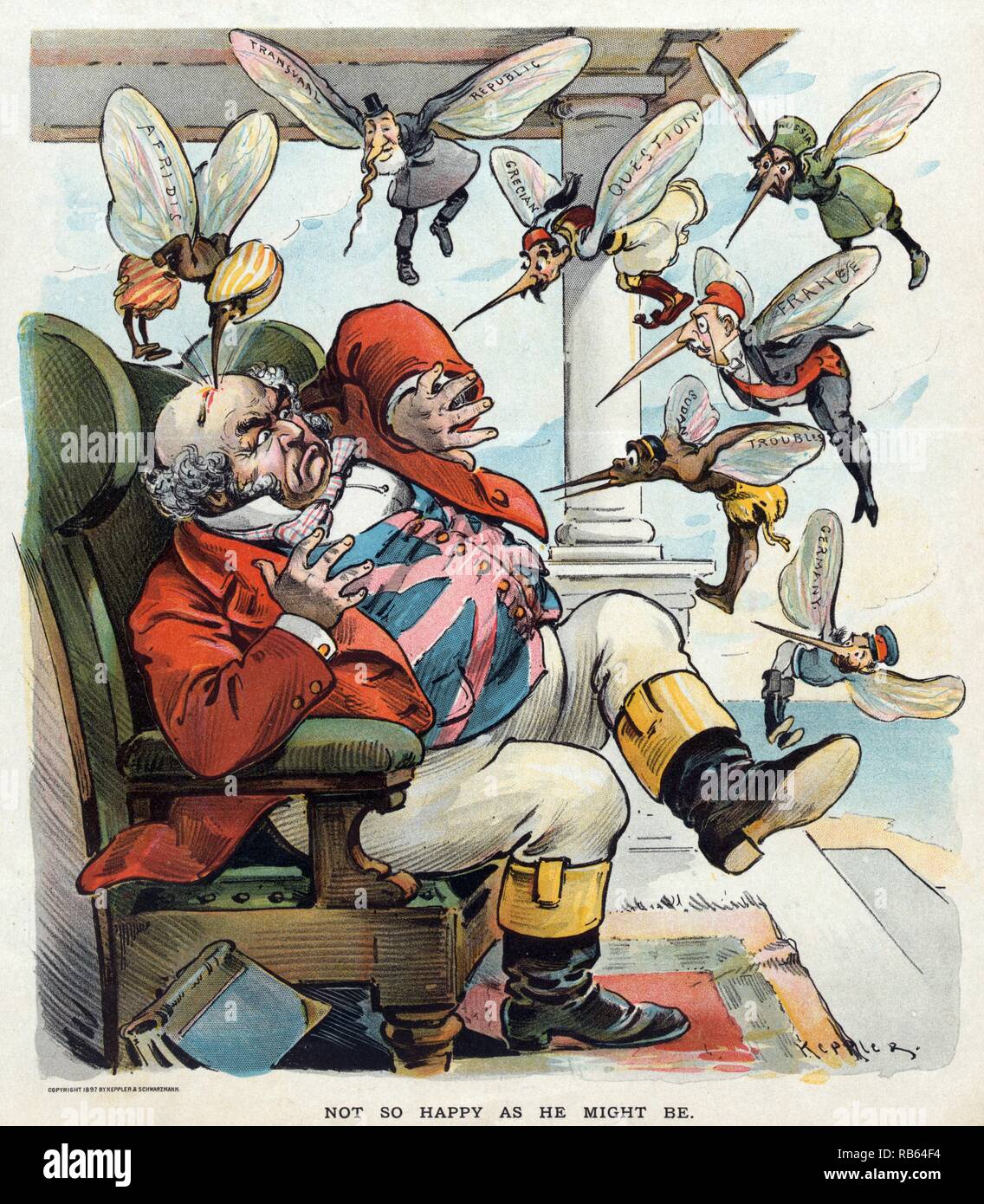 Print by Udo Keppler, 1872-1956, artist. shows John Bull sitting in a chair, confronted by a swarm of mosquitos labelled 'Afridis [who has drawn blood from Bull's brow], Transvaal Republic, Grecian Question, Russia, France, Sudan Troubles, [and] Germany'. 1897 Stock Photo