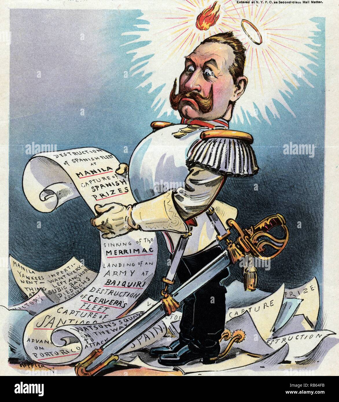 Print by Udo Keppler, (1872-1956), shows William II, German Emperor, full-length portrait, standing among papers, looking puzzled, with a flame and a halo above his head, holding a long sheet of paper that lists successful U.S. military campaigns during the Spanish-American War, such as 'Destruction of Spanish Fleet at Manila, Capture of Spanish Prizes, Landing of an Army at Baiquiri, Destruction of Cervera's Fleet, [and] Sinking of the Merrimac'. Stock Photo