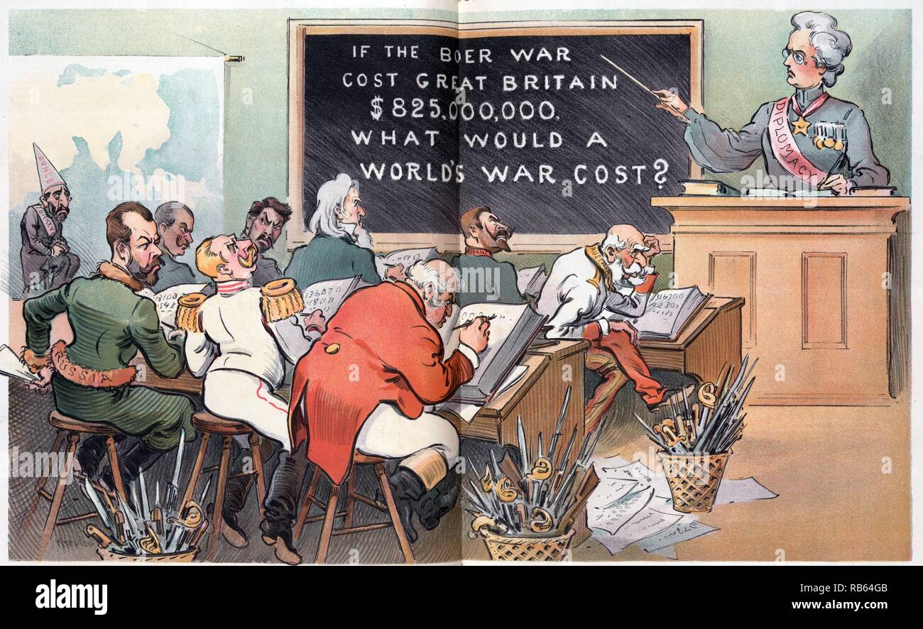 Figuring it out by Udo Keppler, 1903. Classroom scene with rulers of several countries as students: 'Russia' (Nicholas II), 'Germany' (William II), and England (John Bull), and in the front row, 'Austria' (Franz Joseph I), 'France' (Emile Loubet), Uncle Sam, Japan (Meiji, Emperor of Japan), and Italy (Victor Emmanuel III), and on the far left, is 'Turkey' wearing a 'Dunce' cap. The teacher labeled 'Diplomacy', at the front of the room, points to a blackboard on which is written 'If the Boer War cost Great Britain $825,000,000 what would a world's war cost?' Stock Photo