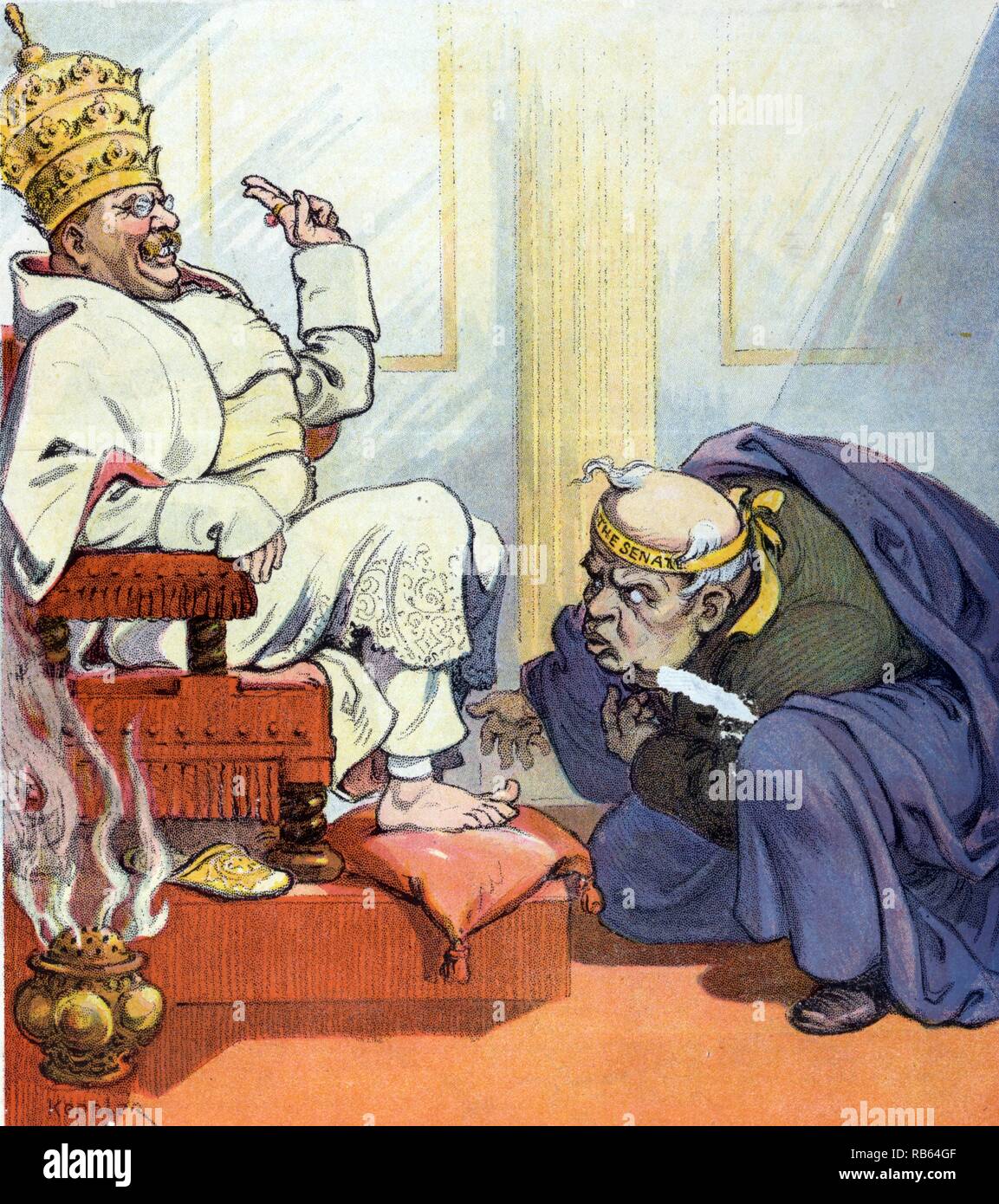 Pope Theo the first by Udo Keppler, 1872-1956, artist. Published 1907. Illustration shows Theodore Roosevelt as 'Pope Theo the first' sitting on a throne, wearing the Papal tiara, as a man labeled 'The Senate' bows down before him. Stock Photo