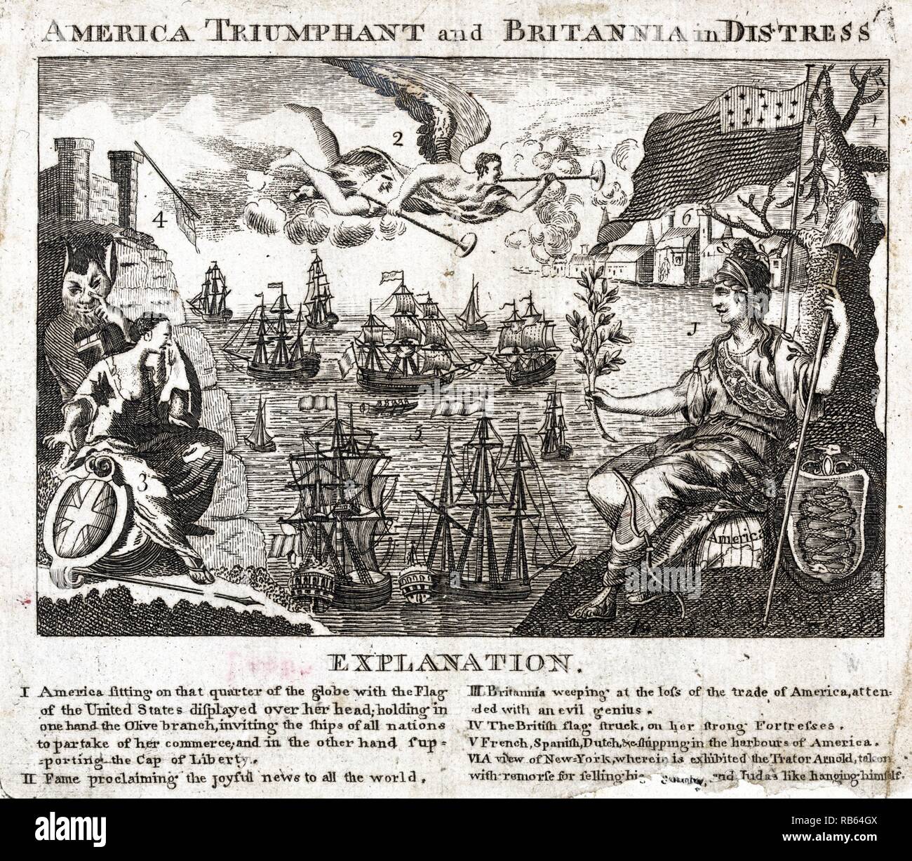 America triumphant and Britannia in distress. 1782 allegory of American prosperity and victory over England. Stock Photo