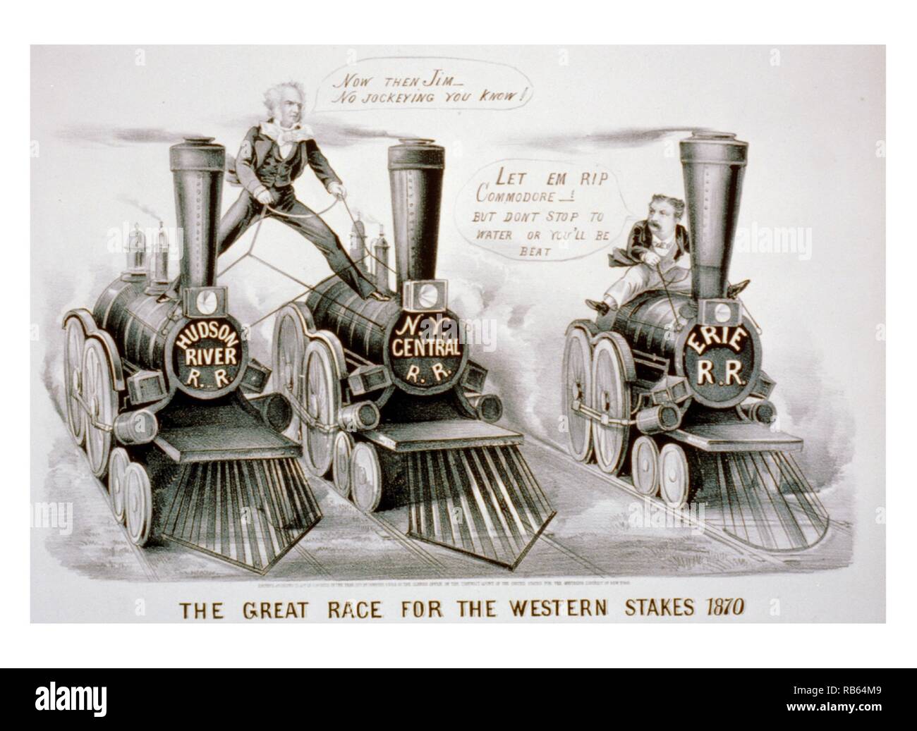 Lithograph created by Currier and Ives depicts Cornelius Vanderbilt and James Fisk in a race for control of New York's rails. Throughout 1868 and 1869, the two men had fought for control of the Erie Railroad. (See also 'The Statue Unveiled,' no. 1869-1.) Here, Vanderbilt straddles his two railroads, the 'Hudson River R.R.' and the 'New York Central R.R.', admonishing his competitor, 'Now then Jim--No Jockeying You Know!' The dwarf like Fisk, sitting astride the 'Erie R.R.', replies, 'Let em rip Commodore!--But Don't Stop to Water or You'll be Beat.' Dated 1870 Stock Photo
