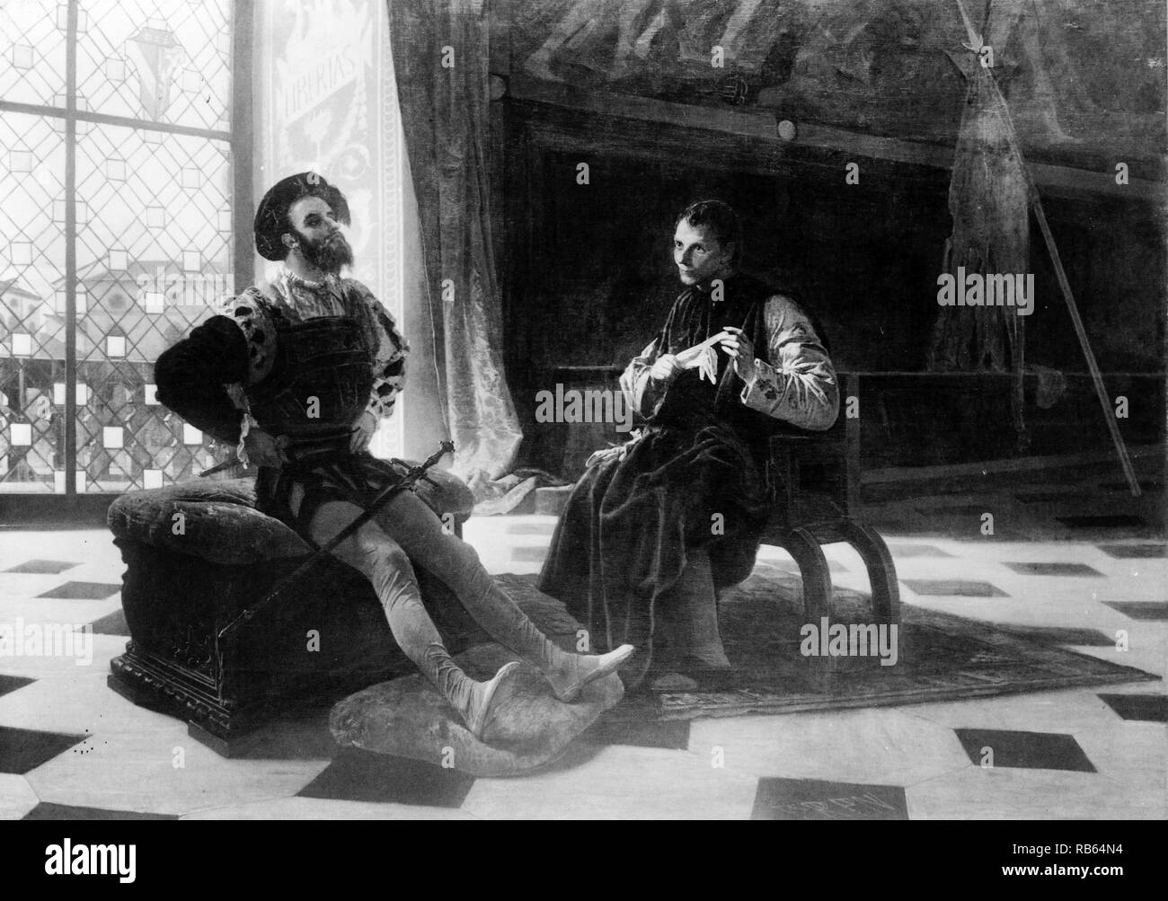 Illustration depicts Nobleman Cesare Borgia seated with Machiavelli. Dated 1898 Stock Photo