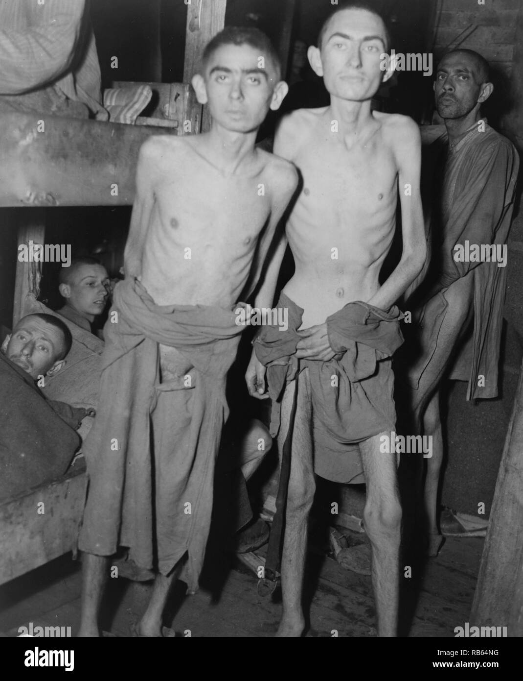 Photograph of the inmates of Amphing concentration camp in Germany recently liberated. Dated 1945 Stock Photo