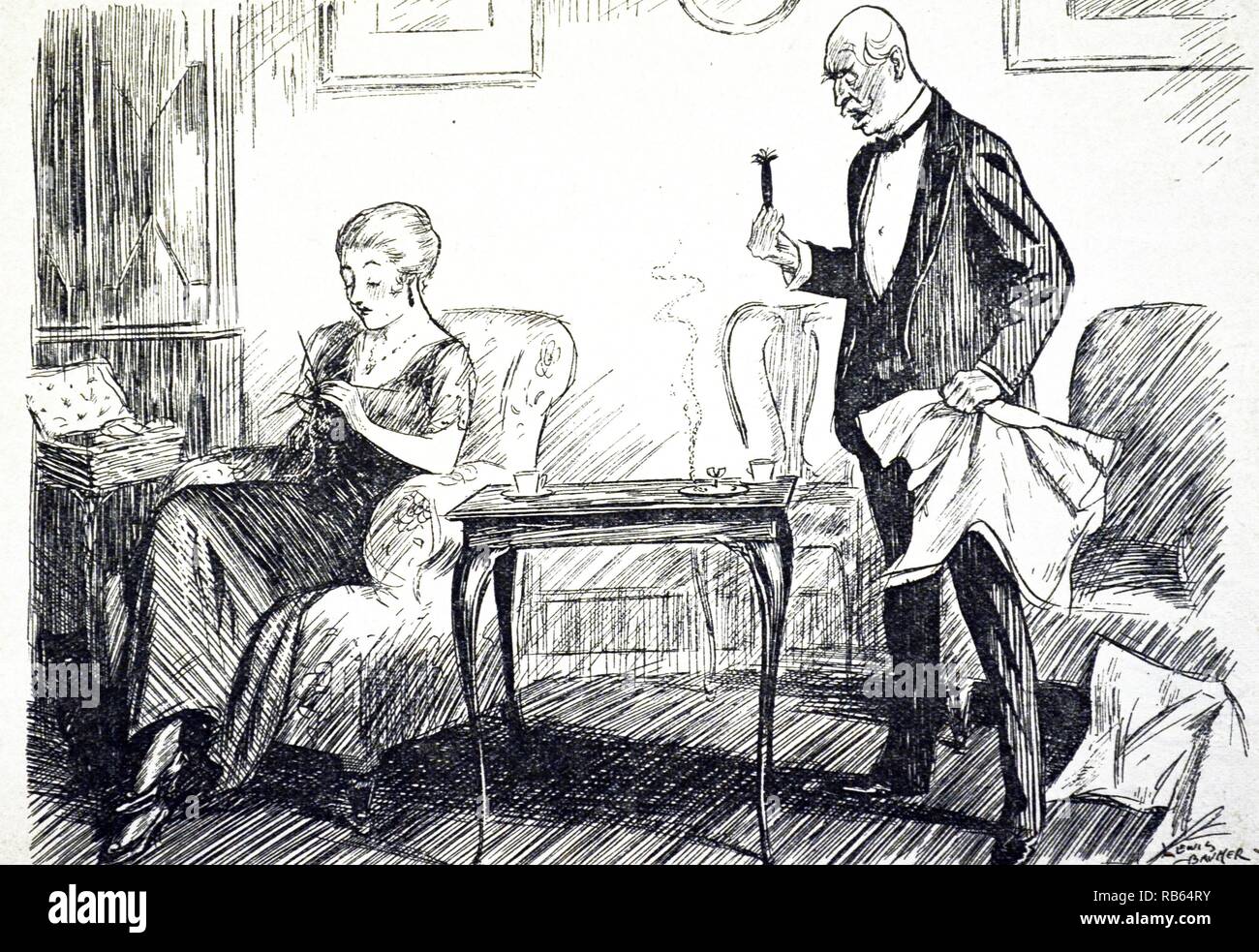 Husband's cigar ruined by his wife who has stubbed it out as a wartime economy when he wa called to the telephone. Cartoon from ''Punch'', London, 1915. Stock Photo