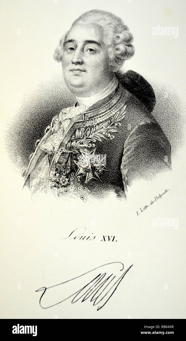 Louis XVI (1754-1793) guillotined in 1793 by French revolutionaries. Lithograh, Paris, c1840. Stock Photo
