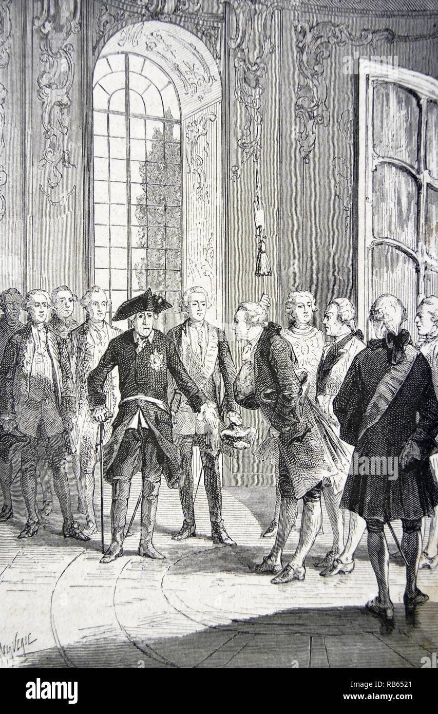 Jean le Rond d'Alembert (1717-1783) French scientist and philosopher: co-editor with Diderot of the ''Encyclopedie', received by Frederick the Great in Berlin.. Engraving, Paris, 1874. Stock Photo