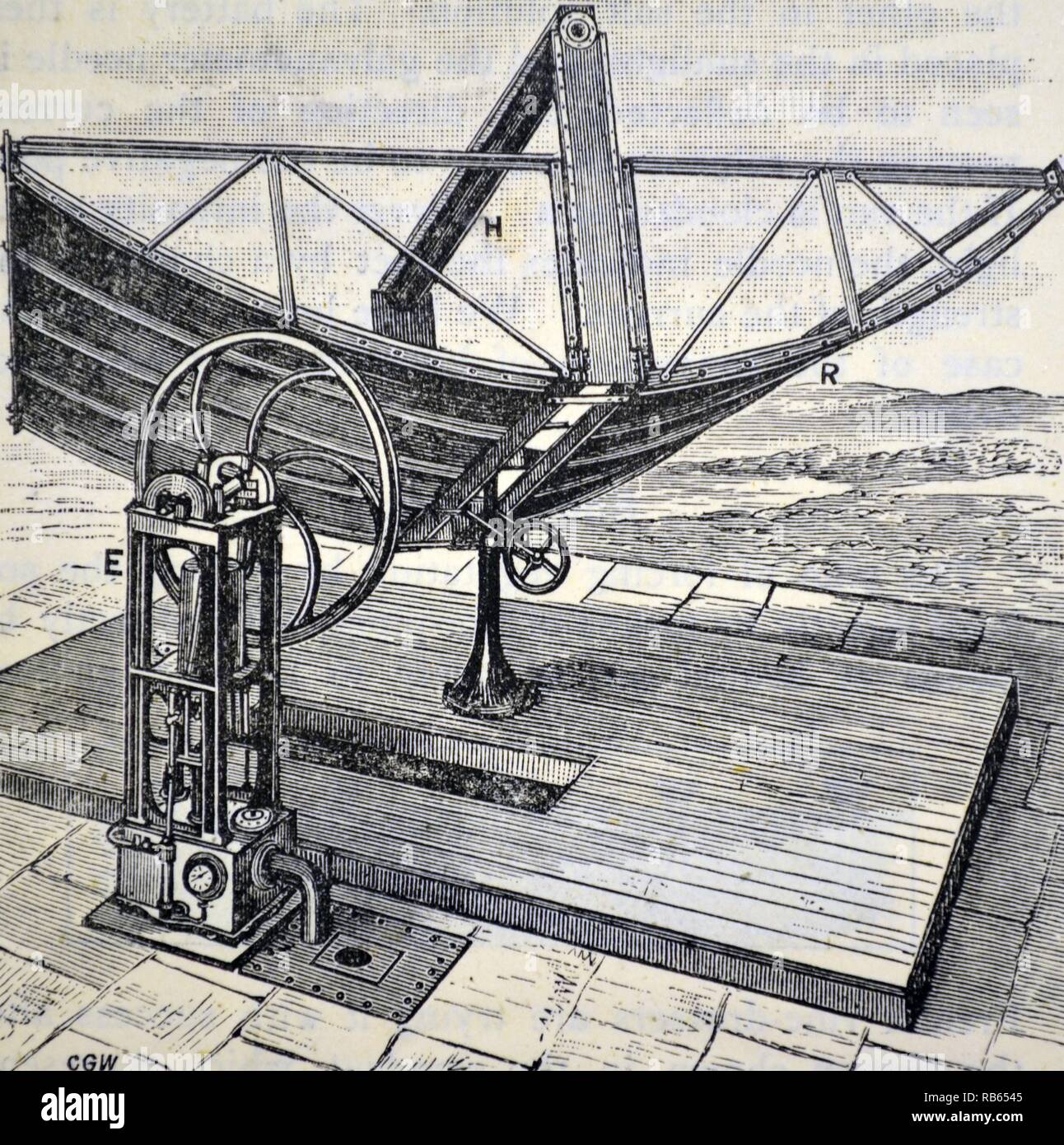 Swedish/American inventor John Ericsson's machine, 1883, which used reflector with silvered glass plates to reflect Sun's heat to cylinder containing water so producing steam to drive a pump. Engraving, London, 1884. Stock Photo