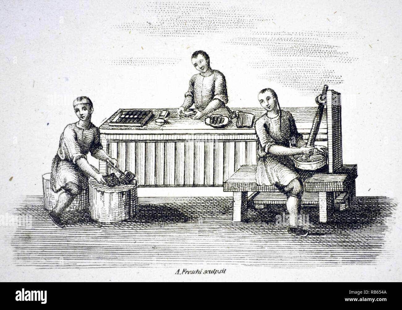 Producing 'Indian' Ink in China. Since antiquity in both India and China ink has been made form various soots, tar, or pitch and a binding agent, and sold in blocks or sticks to be moistened before use. Stipple engraving, London, 1812. Stock Photo