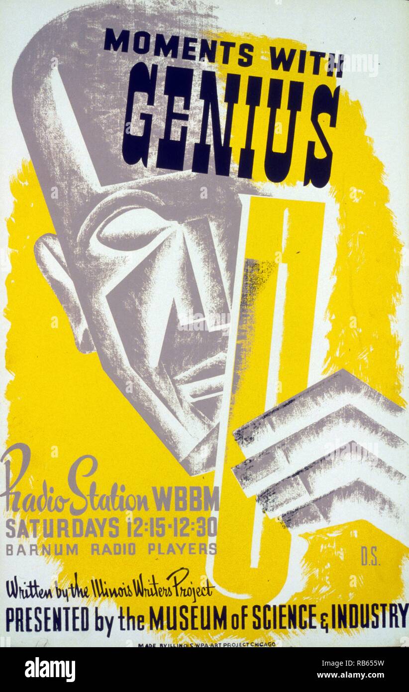 Poster for a radio presentation 'Moments with genius' by the Barnum Radio Players on radio station WBBM, showing the stylized face of a man holding a test tube Stock Photo