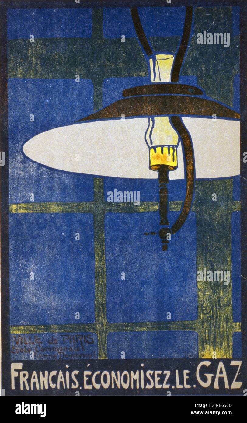 French people save [natural] gas. Poster showing a glowing gas lamp from a group of posters designed by school children and others. Stock Photo