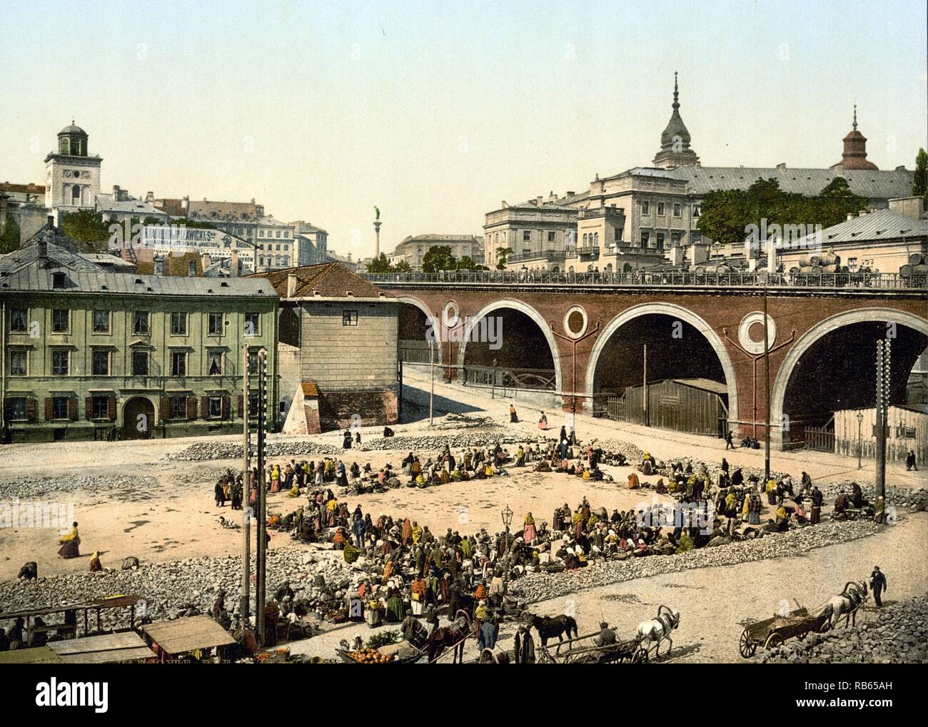 Colour print of Zjazd Street, Warsaw, Russia. Warsaw is now the capital of Poland, since it became an independent country in 1919. The picture is said to be dated around 1890-1900. Stock Photo