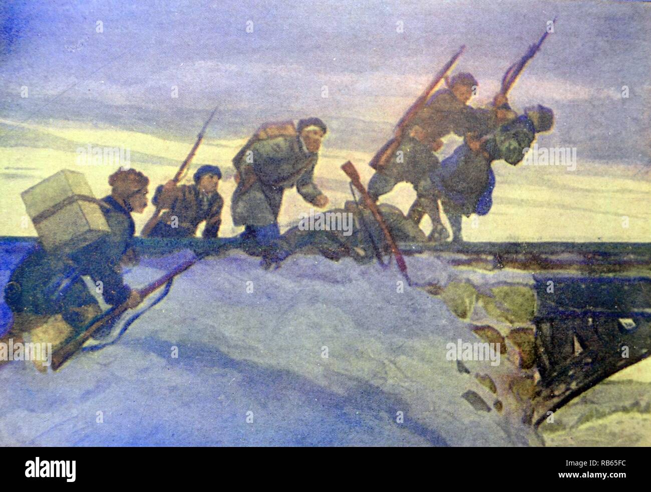 World War Two: Patriotic Russian war postcard depicting Russian soldiers attacking a German lookout post Stock Photo