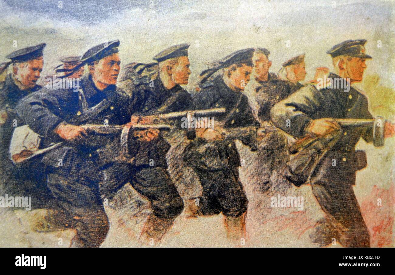 World War Two: Patriotic Russian war postcard depicting Russian sailors attacking the enemy Stock Photo