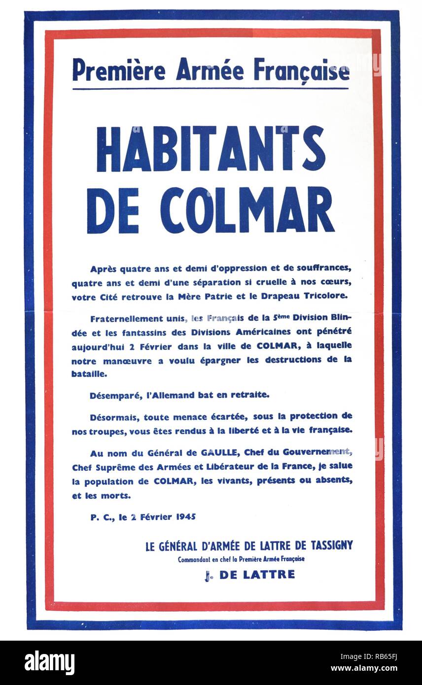 Announcement by General de Tassigny to the citizens of Colmar after their liberation from German occupation in World War Two. Stock Photo